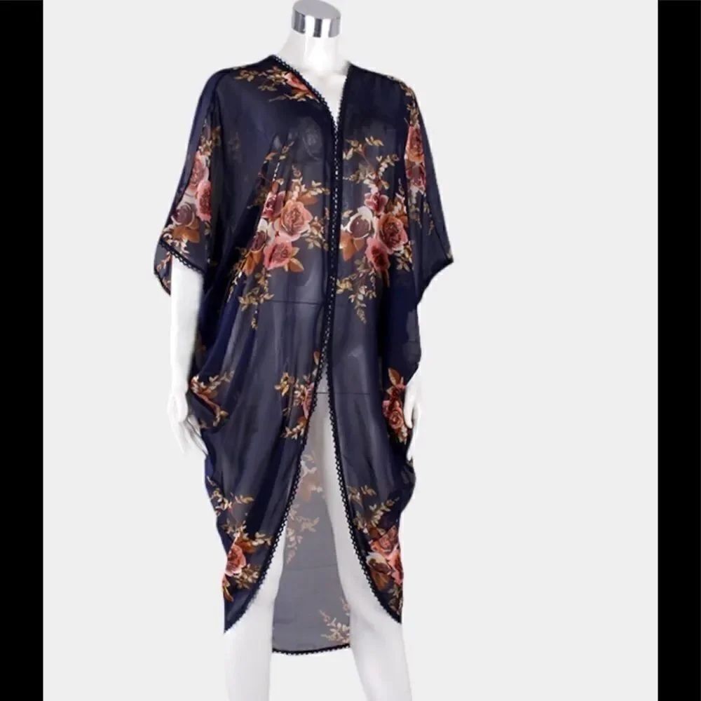 New Floral Edge Detail Navy Floral Poncho One Sz